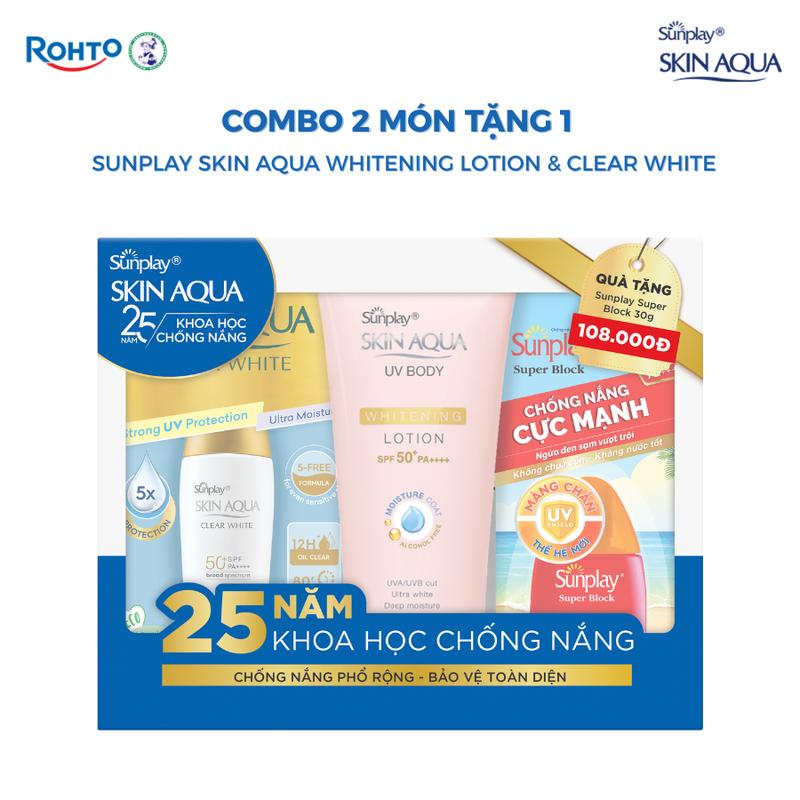 Combo Sữa chống nắng Clear White 25g & Lotion chống nắng dưỡng thể 150g Sunplay Skin Aqua - TẶNG 1 Sunplay Super Block 30g