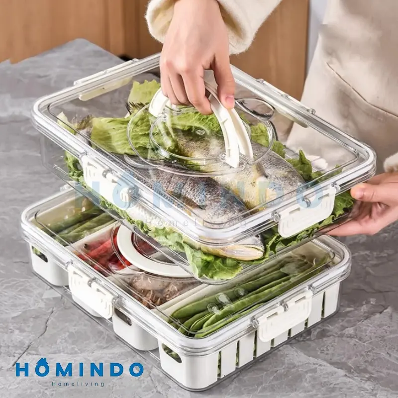 (BISA COD) HOMINDO Kotak Penyimpanan Kulkas Food Container Serbaguna dengan Saringan  Plastik Buah Cuci Sayuran Putih Wadah 6