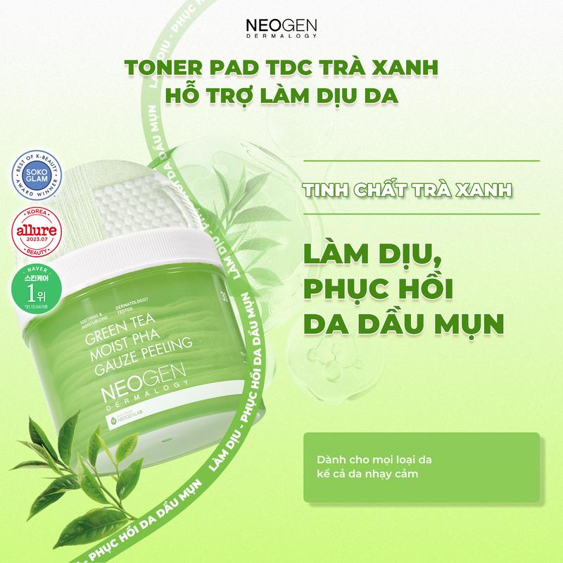 Toner Pad Tẩy Da Chết Trà Xanh Giúp Làm Diu, Hỗ Trợ Phục Hồi Da Dầu Mụn Neogen Dermalogy Green Tea Moist PHA Gauze Peeling 30 Miếng