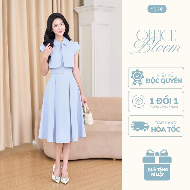  Váy nữ dáng dài xếp ly bản to màu xanh lơ tay ngắn đính cúc đá phối tà crop cách điệu YAME YV686 