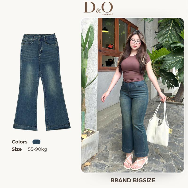 Quần Jean Nữ Ống Loe Bigsize 58-85kg Dáng Dài Phối Lai To Màu Xanh Rêu 1154 Lưng Cao Co Giãn Mạnh Dài 103cm 0