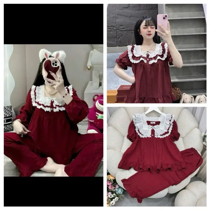 Bộ đồ ngủ nữ đũi cao cấp H142, pijama cổ vuông bèo phối ren phong cách vintage, freesize 40-60kg