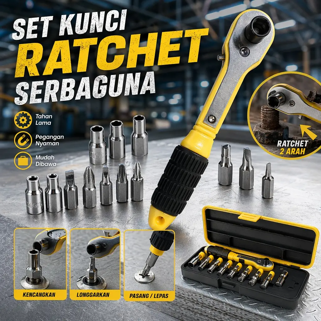 Kunci Ratchet 19 Pcs Set Soket & Mata Bor Obeng Multifungsi Perkakas Perbaikan Mobil Motor Sepeda Rumah Baja Keras Tahan Lama Praktis Bawa Kemana Saja COD