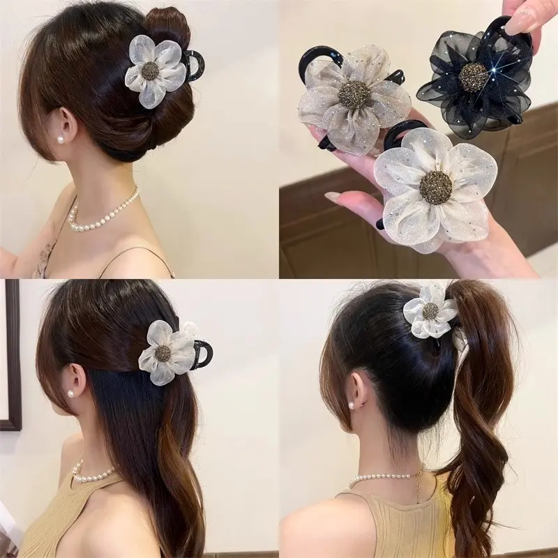 Kẹp Tóc Đuôi Ngựa Cao, Kẹp Hoa Lưới Phong Cách Mới Cho Nữ, Kẹp Sau Đầu, Phụ Kiện Tóc, 2025，mẫu kẹp mới nhất hiện nay