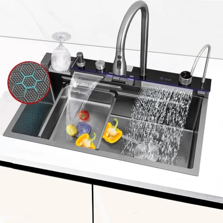 KESOL Digital Display honeycomb Waterfall Nano Sink  SUS 304 Stainless Steel Kitchen Sink 5MM thickened large bowl kitchen sink  basin  All copper body whale rain faucet