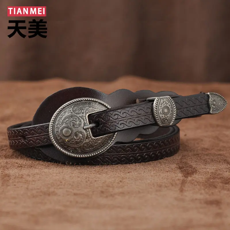 Ethnic Style Leather Thin Belt Women's Versatile Cowhide Women's Belt Decorative Thin Belt Pin Buckle Black Pant Belt