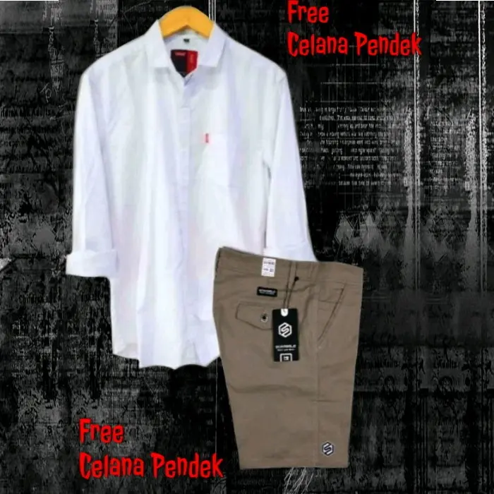 PAKET HEMAT COD Setelan Kemeja Lengan Panjang Pria Dewasa Celana Pendek Pria Dewasa Laki Laki One Set Pria Polos Lengan panjang Katun 1