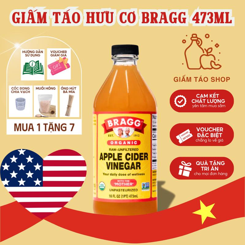 Giấm Táo Shop | Giấm táo Hữu cơ Bragg (Mỹ) 473ml | Tặng Ly đong + Muối hồng + Ống hút + Hướng dẫn sử dụng