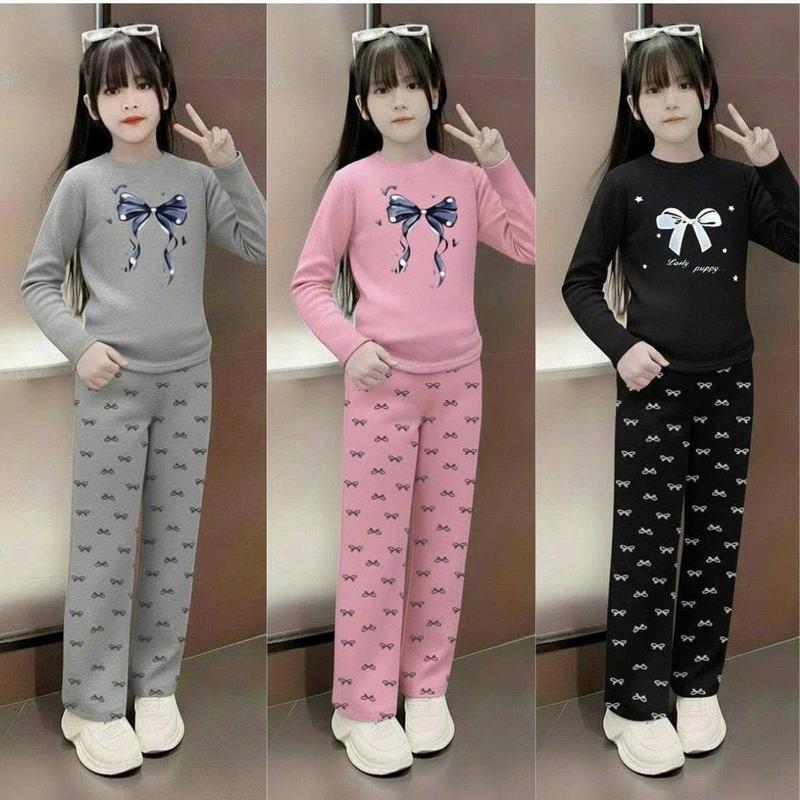  15-44kg  Bộ quần áo thu đông dài tay in nơ dành cho bé gái chất vải thun tăm  mềm mại co giãn thoải mái mã BỘ QUẦN NƠ. 