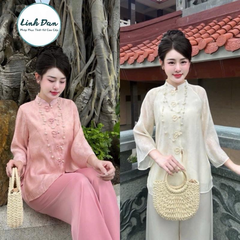 Linh Đan Pháp Phục , Bộ quần áo cổ trang đi chùa chất liệu tơ in tai thỏ cổ tầu xẻ tà hàng thiết kế dành cho nữ cao cấp [ Mới ]