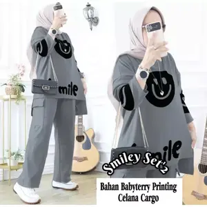 SMILE SET CELANA CARGO BABYTERRY PRINTING LD 110_SETELAN SMILE_ONE SET SMILE_SETELAN KOMBINASI POLOS SMILE