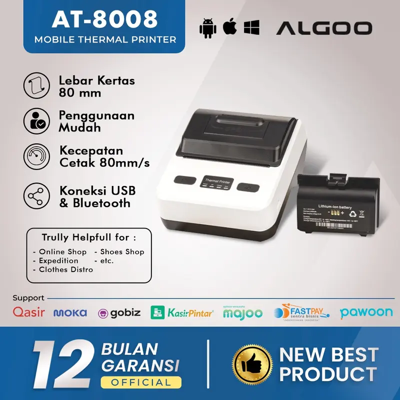 ALGOO AT 8008 Printer Thermal Struk Nota Bluetooth Dengan Baterai 4