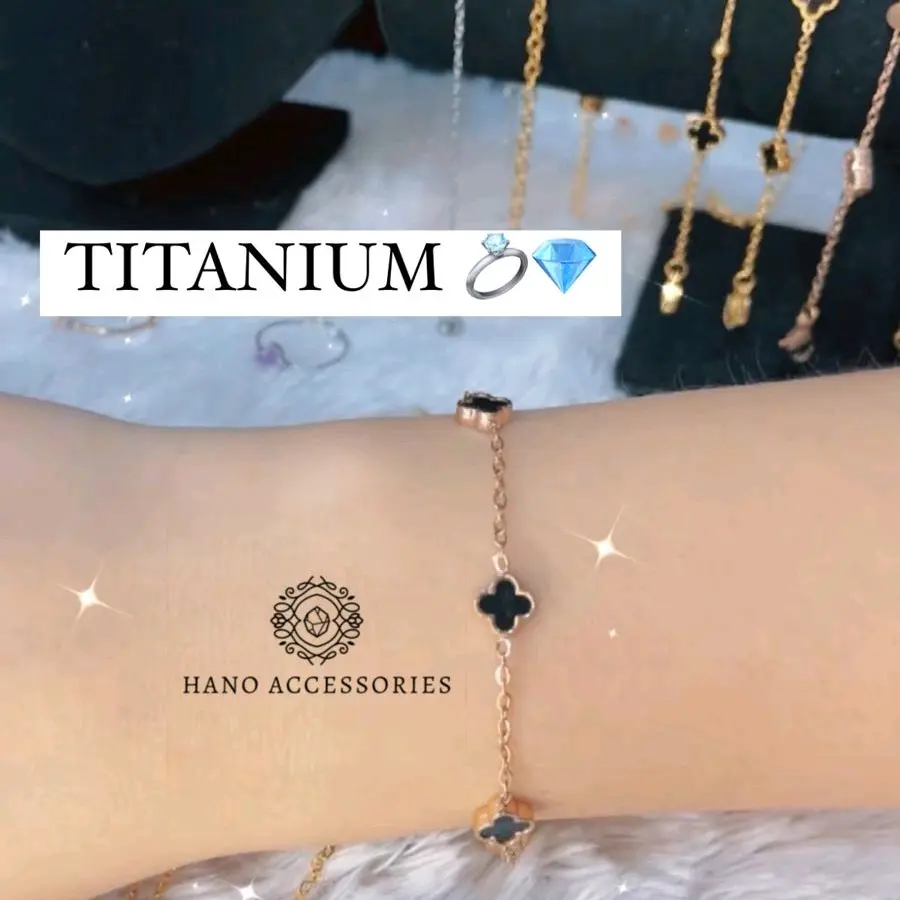 [HANO Accessories] - Gelang Rantai Penta Clover Black White Titanium Rose Gold / Gelang Korean Style / Gelang Fashion Clover Two Tone Bolak Balik  / Clover Bracelet / Gelang Titanium Trendy Korean Fashion Cantik