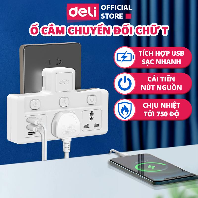 Ổ Cắm Chia Điện Deli Không Dây, Công Suất 2500W Tích Hợp Cổng USB & TypeC Sạc Nhanh