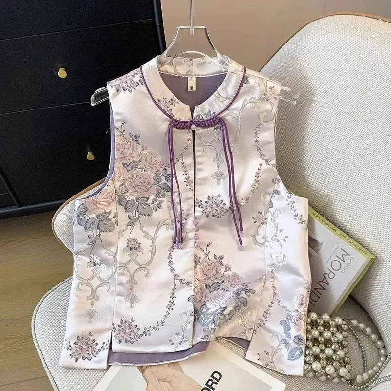 Spring New Chinese Style Printed Vest For Women Elegant Vintage Tang Clothes S veless istcoat Autumn Costume Shoulder Ja et