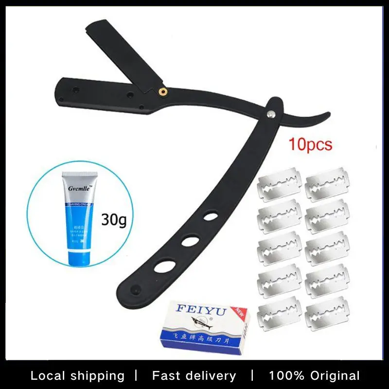 Manual Shaver Professional Straight Edge Stainless Steel Sharp Barber Holder 1set Shaving Trimming Shaver with 10pcs