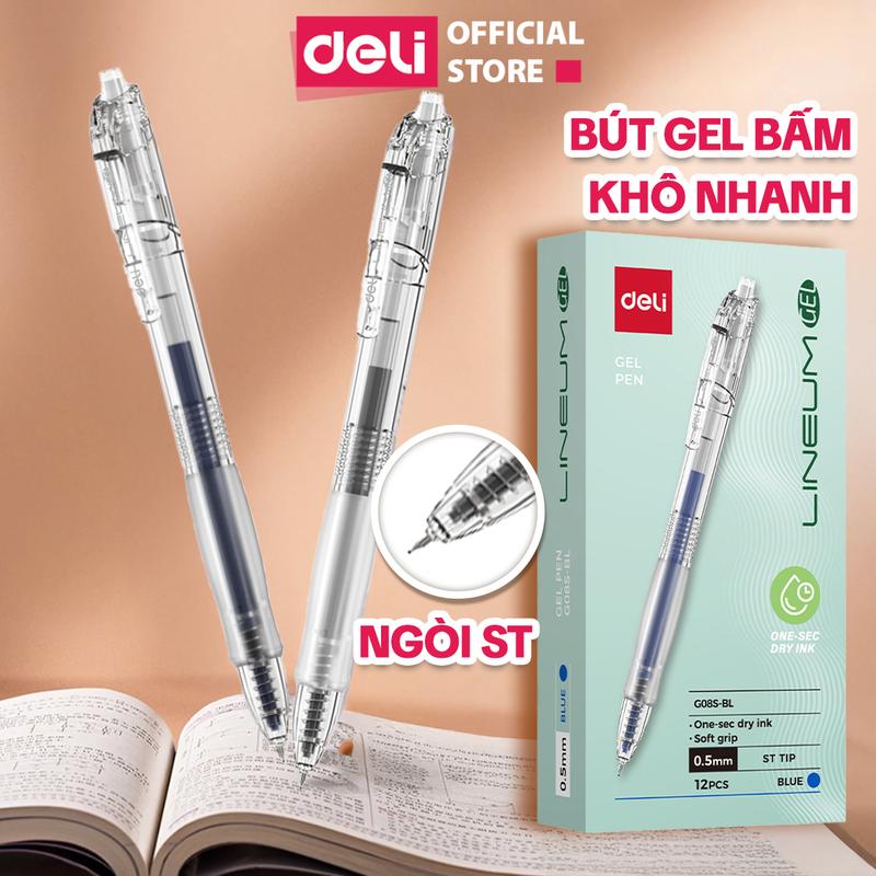 Bút gel bấm ngòi ST 0.5mm Deli khô nhanh 1 GIÂY mực xanh/đen thiết kế đệm tay êm ái cho học sinh văn phòng