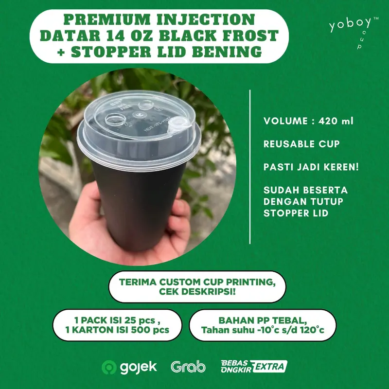 CUP PREMIUM INJECTION 14 oz HITAM FROST DOFF + Tutup STOPPER LID Bening/putih/hitam POLOSAN ISI 50PACK 1