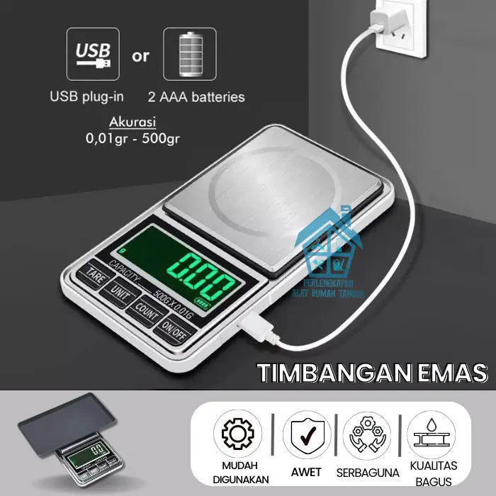 (COD)USB 0,01gram - 500gram Jewelry Scale USB Timbangan Emas Portable High Accuracy Free Pouch Bag