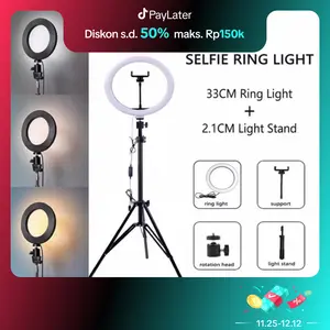 PAKET RING LIGHT 33 CM PLUS TRIPOD 2 METER L-3121 (210cm) lampu 33cm Photography Lighting ringlight  untuk konten Kuning Led Ponsel  Putih  Telepon  Holder  Aksesoris tanpa Remote Kamera Camera Handphone
