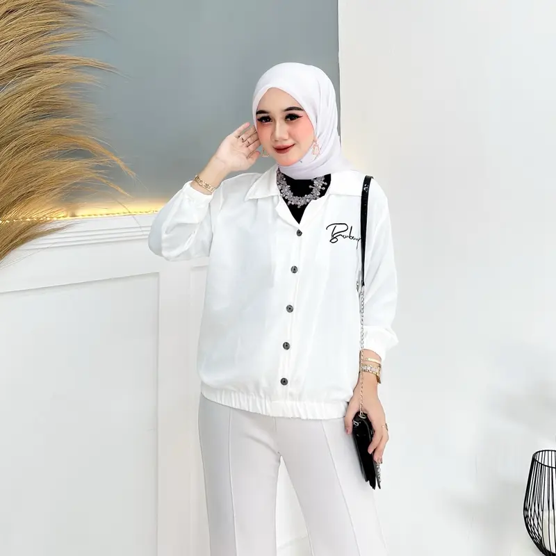 Arni Busana -Kemeja Blouse Wanita Bordir Bahan crinkle Adem Dan Nyaman Kancing Depan Lengan Karet Baju Dewasa Model Casual 0