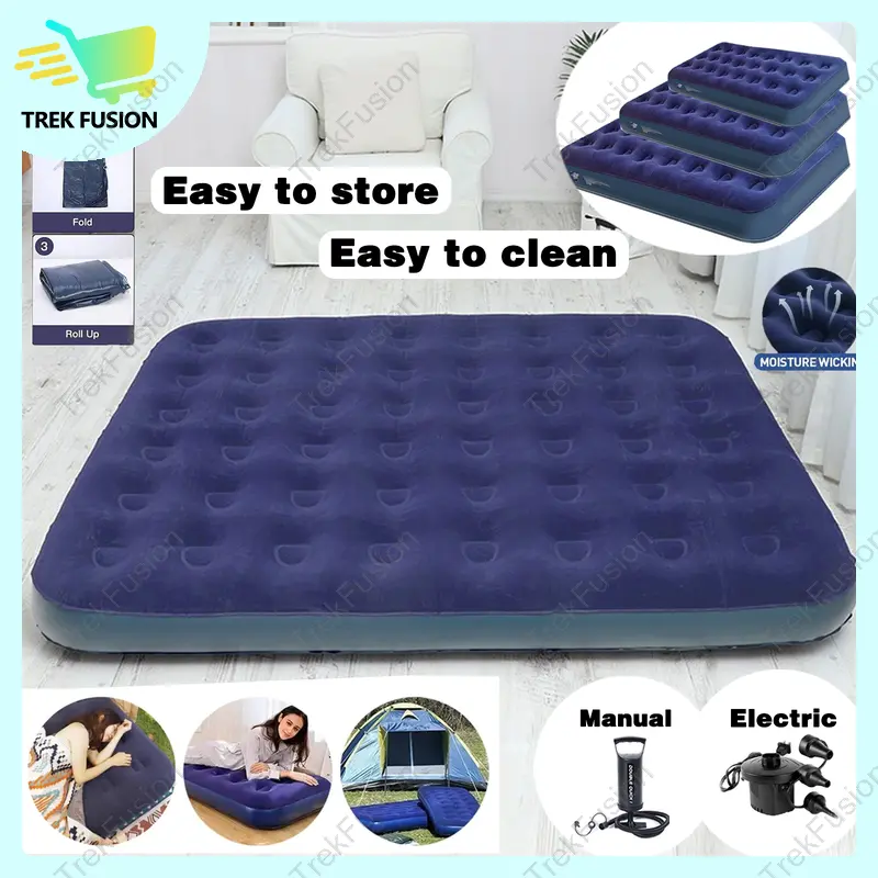 TrekFusion Air Bed With Pump Free Manual Air Pump Inflatable King Size Portable Double Person Airbed For Home And Camping Use