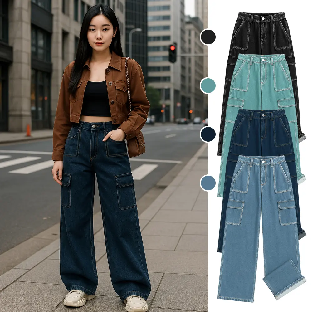 919 JEANS High Waist Cargo Loose-Fit Wide Leg Multi Pocket  Workwear Retro Multi Pocket Baggy Jeans Female Fashion Womenswear