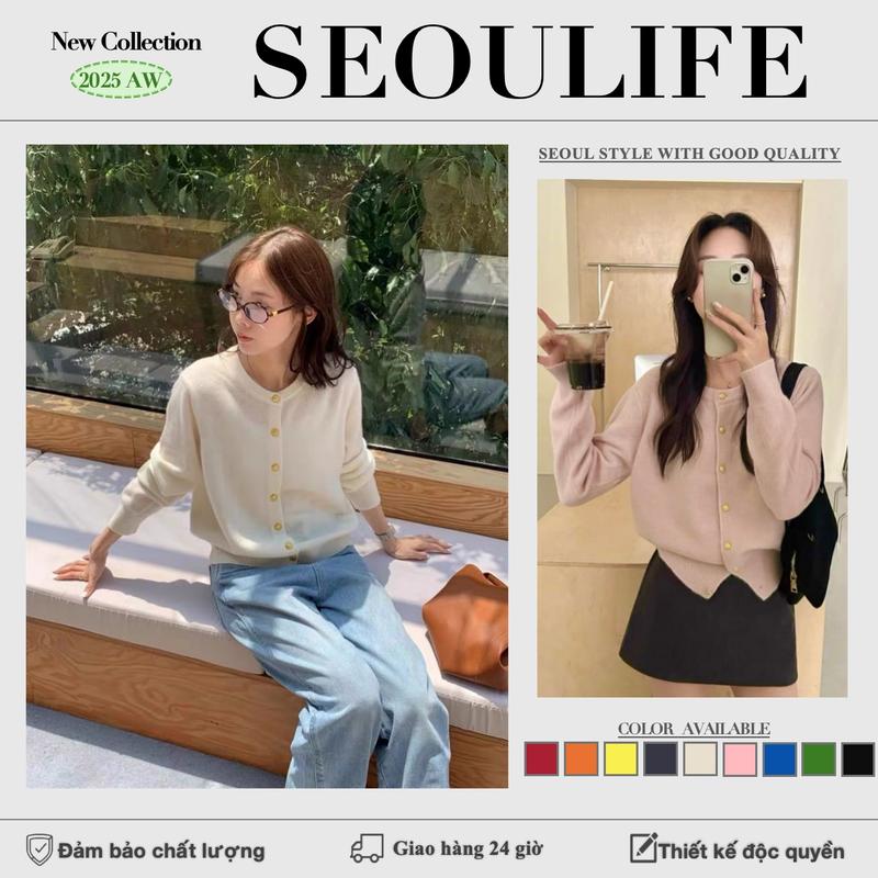 SEOULIFEI Áo Cardigan Dệt Kim Nữ Đẹp Dongdaemun Hàn Quốc 2025 Có Cúc Vàng Dáng Rộng Mặc Bên Ngoài Chất Lượng Cao
