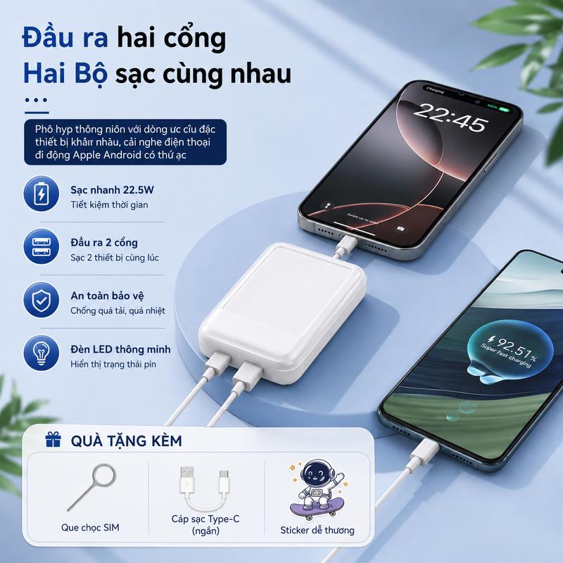 5000mAh Sạc dự phòng tiện lợi mang theo bộ sạc dự phòng không dây dài nhỏ gọn…