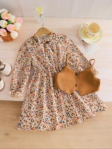 Conjunto de moda para niñas con top de tirantes halter y vestido de manga larga con cuello con volantes, primavera otoño invierno, regalo casual para fiestas y días festivos, 4-8 años
