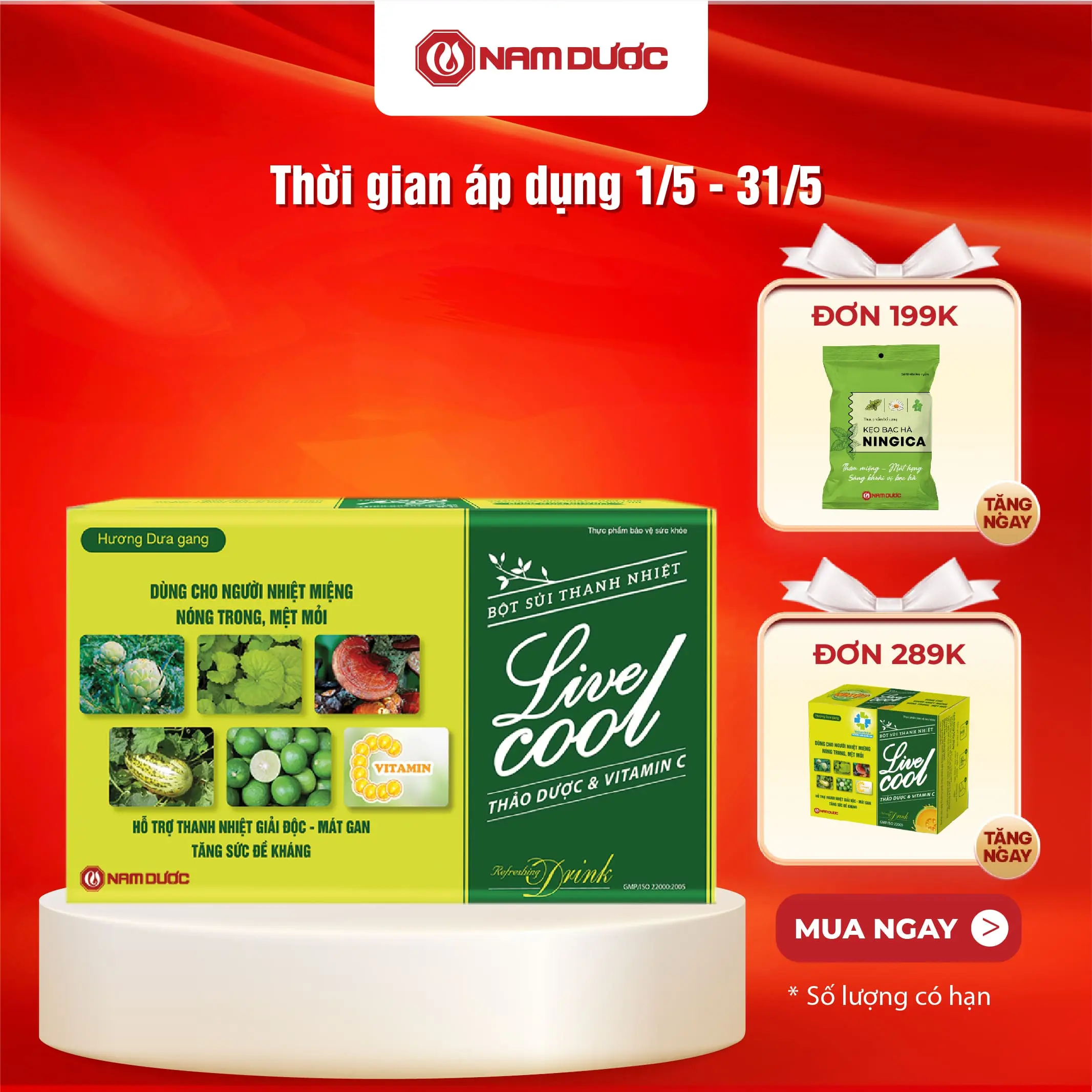 Bột sủi thanh nhiệt Livecool Nam Dược hương dưa gang 10 gói x7g