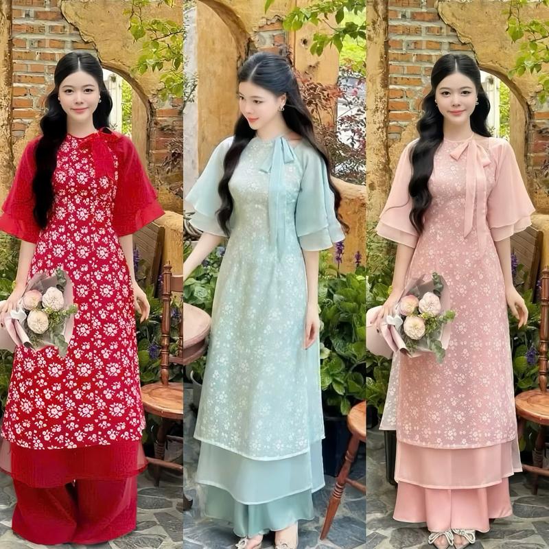  Set áo dài cách tân thiết kế cổ yếm cánh tiên tơ hoa cột nơ trước 4 tà kèm quần lụa dáng suông xinh xắn dành cho các nàng diện đi lễ chùa. Women Dress 