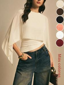 Camisa elegante de mujer con cuello tipo pañuelo de color sólido, diseño estiloso y sencillo, perfecta para uso diario, ropa cómoda y versátil