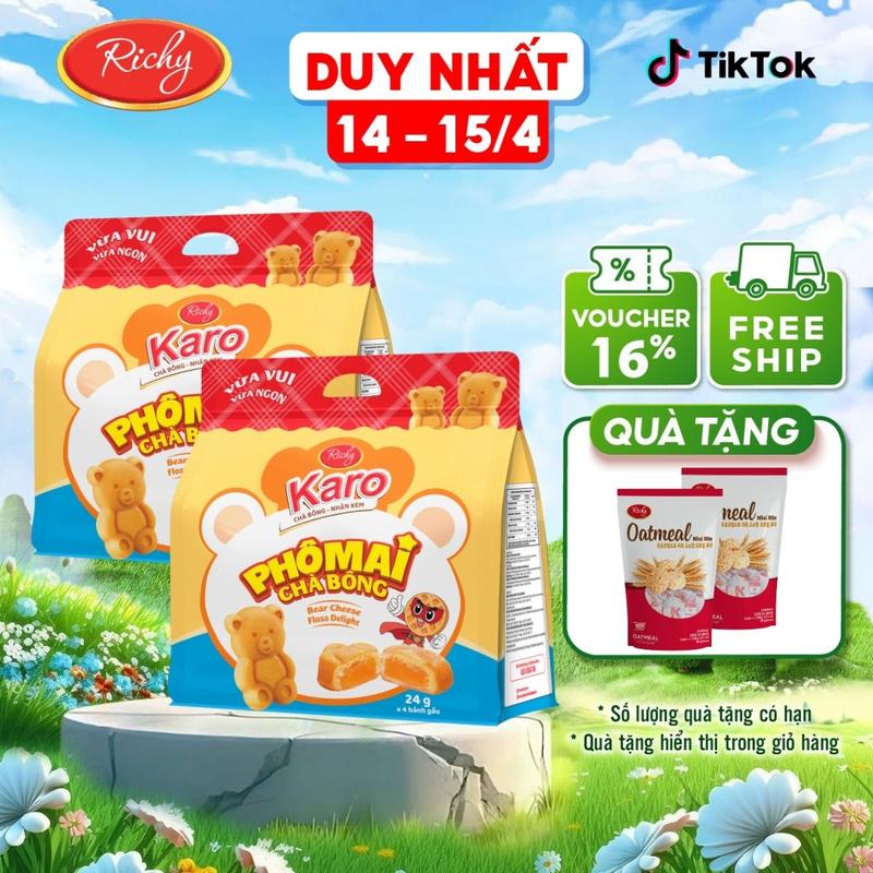 [DEAL mở bán Tặng 2 yến mạch] Combo 2 túi bánh Karo gấu to ( 8 gói bé), bánh chà bông nhân phô mai - Snack Candy banh  gau Ăn Vặt Food