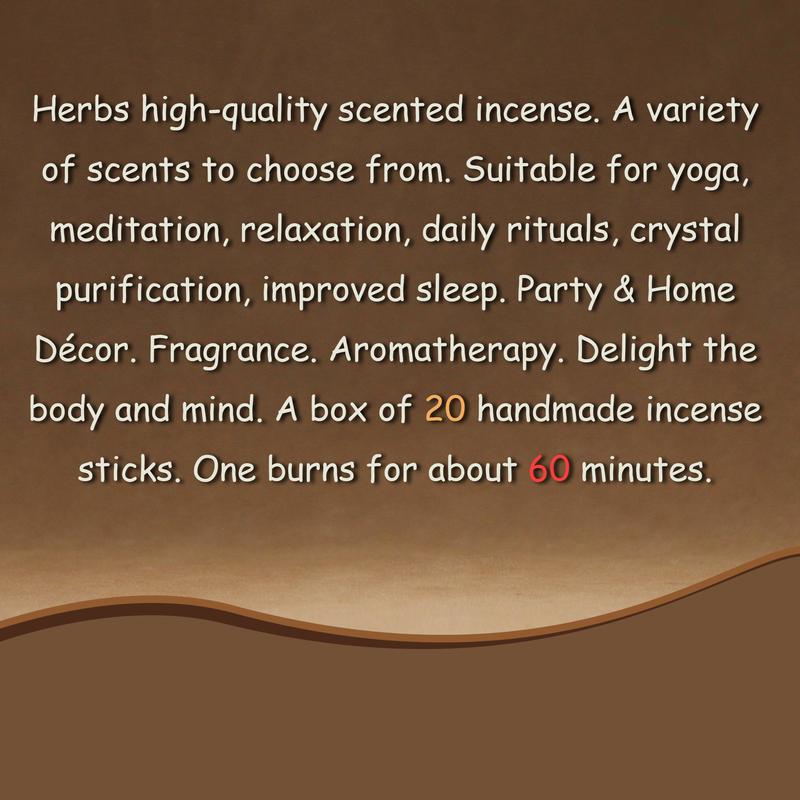 Product Introduction of Good quality herbal floral incense sticks. Handmade incense. Box of 20 sticks. Long-lasting scent. Aromatherapy. Suitable for yoga, Pilates, meditation, daily rituals, parties and home décor. Perfume fragrance. 4