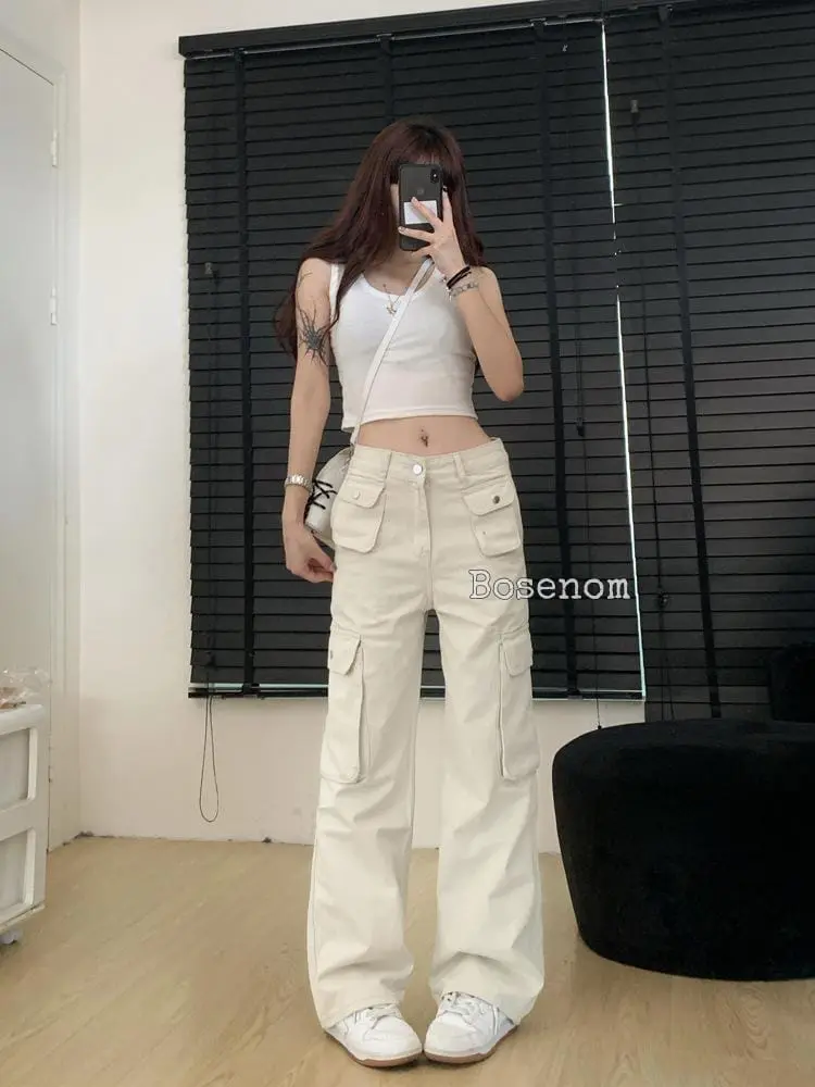 BOSENOM- Cargo Denim Pasir Putih Highwaist Loose Celana Jeans Wanita Polos Cargo Wanita Hitam