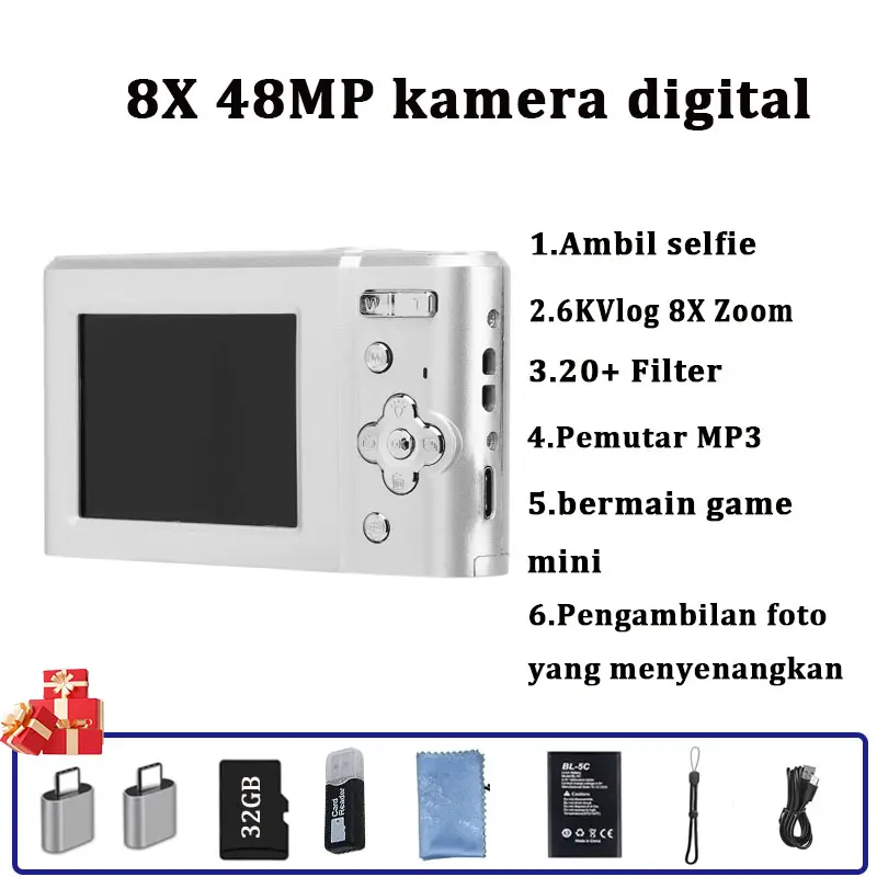 TEEKA 48MP kamera digital mini portabel kecil Layar IPS 2.7K Zoom 8X camera digital deteksi wajah untuk Pelajar White Putih Biru Foto