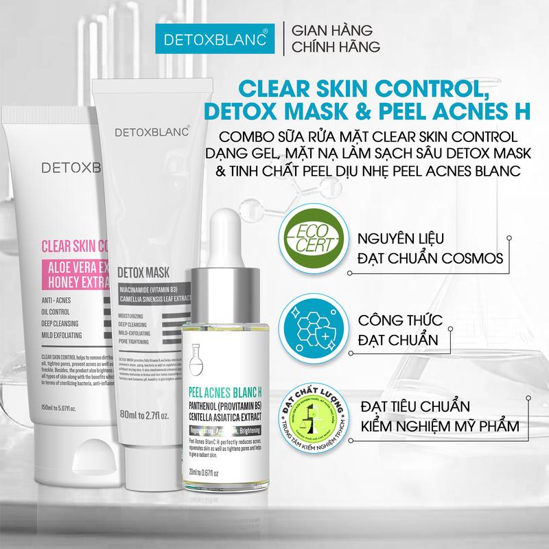 Combo Da Dầu Combo giảm mụn ẩn mụn đầu đen mụn viêm lcl lớn: Mask Thải Độc + Serum Peel Acnes Blanc 20ml + Sữa Rữa Mặt DetoxBlanc