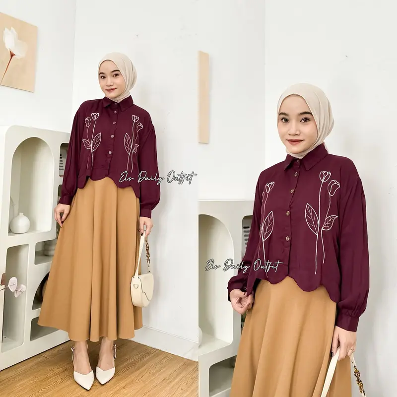 Camary Flower Shirt Kemeja Rayon Twill Bordir Bunga Atasan Wanita Crop Lengan Panjang OOTD Remaja Dewasa Kekinian 0