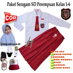 Paket lengkap seragam sekolah SD merah putih perempuan lengan panjang kelas 1-6 Baju Rok Setelan  Fashion
