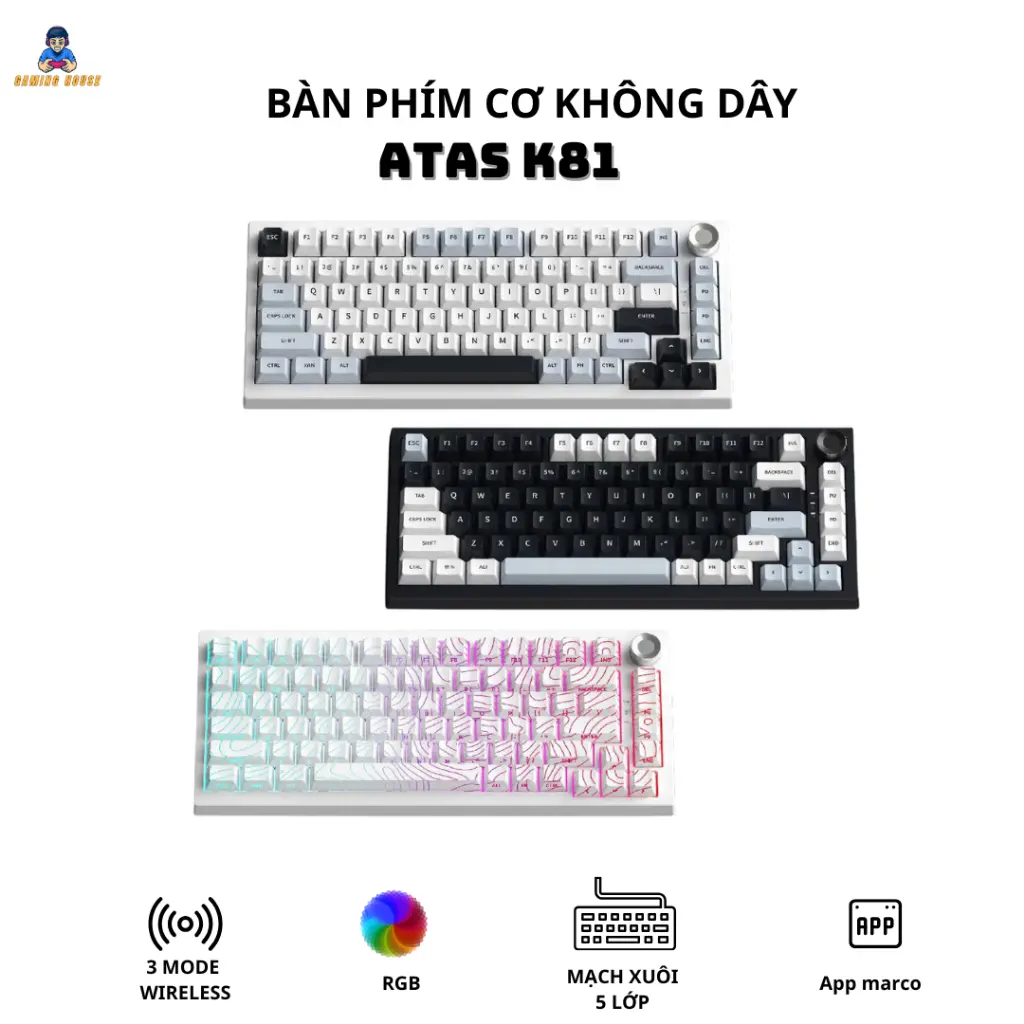 Bàn phím cơ Atas K81 không dây 3 mode - Mạch Xuôi - Hỗ trợ hotswap 5 pin - LED RGB - Có App | BigBuy360 - bigbuy360.vn Bàn phím cơ Atas K81 không dây 3 mode - Mạch Xuôi - Hỗ trợ hotswap 5 pin - LED RGB - Có App | BigBuy360 - bigbuy360.vn
