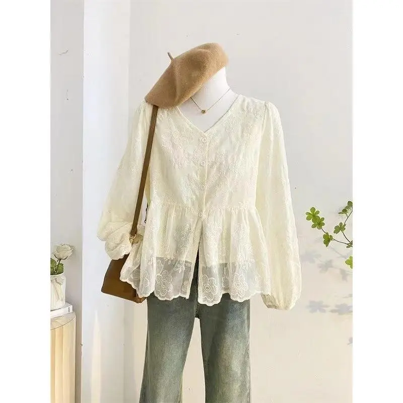 Áo Cánh Thời Trang Nữ, Phong Cách Hàn Quốc, Dáng Rộng Vừa Vặn, Tay Áo Dài, Cổ Chữ V, Có Ren, Hàng Có Sẵn Top Women