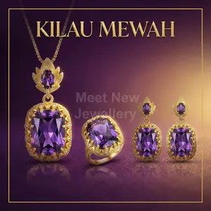 MNS20 Set Perhiasan Cincin Berlian Zirkon Ungu Baguette Api Berlian Anting Liontin Kalung