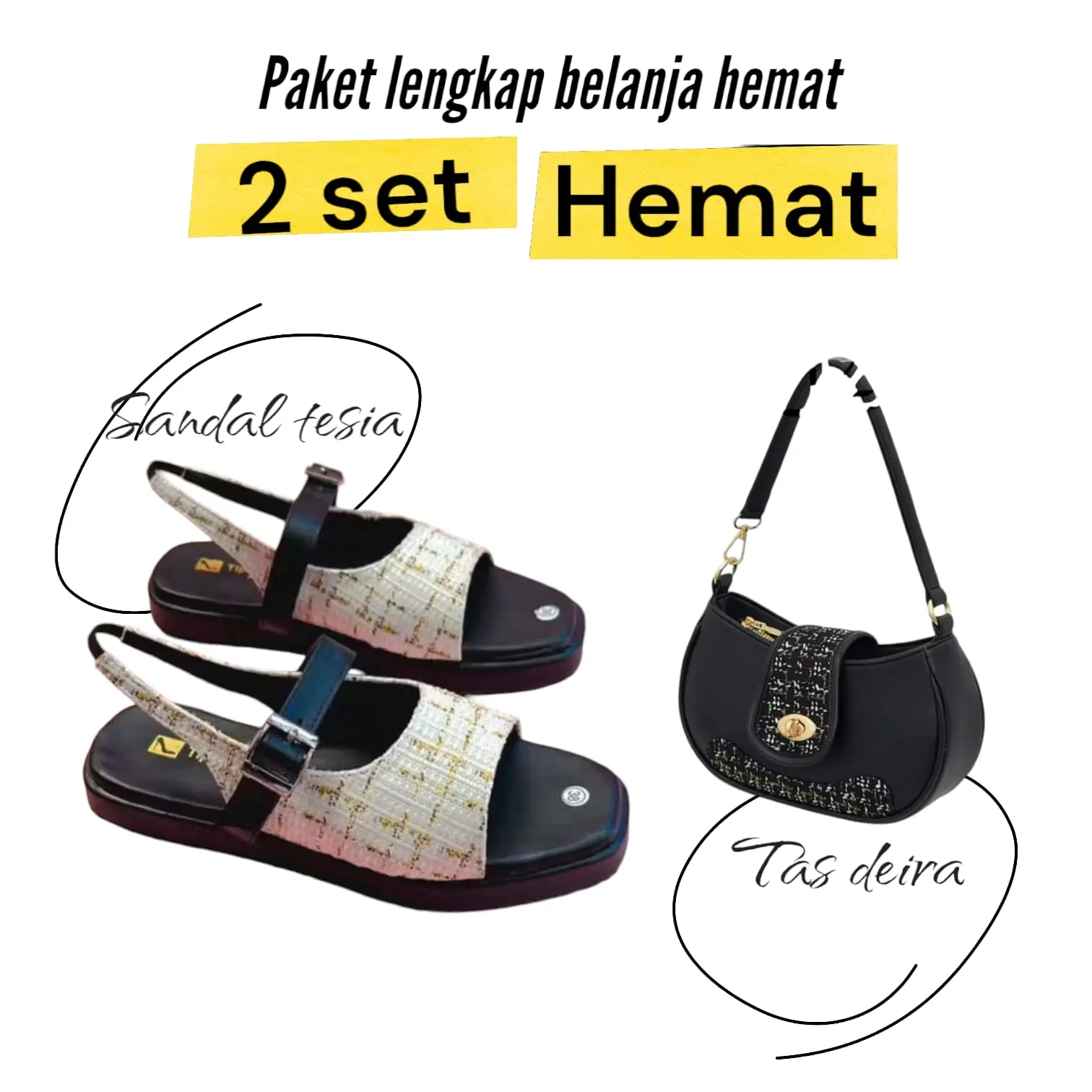 Paket hemat 2 set sandal wanita tesia+tas bahu wanita Daira premium Hitam Putih