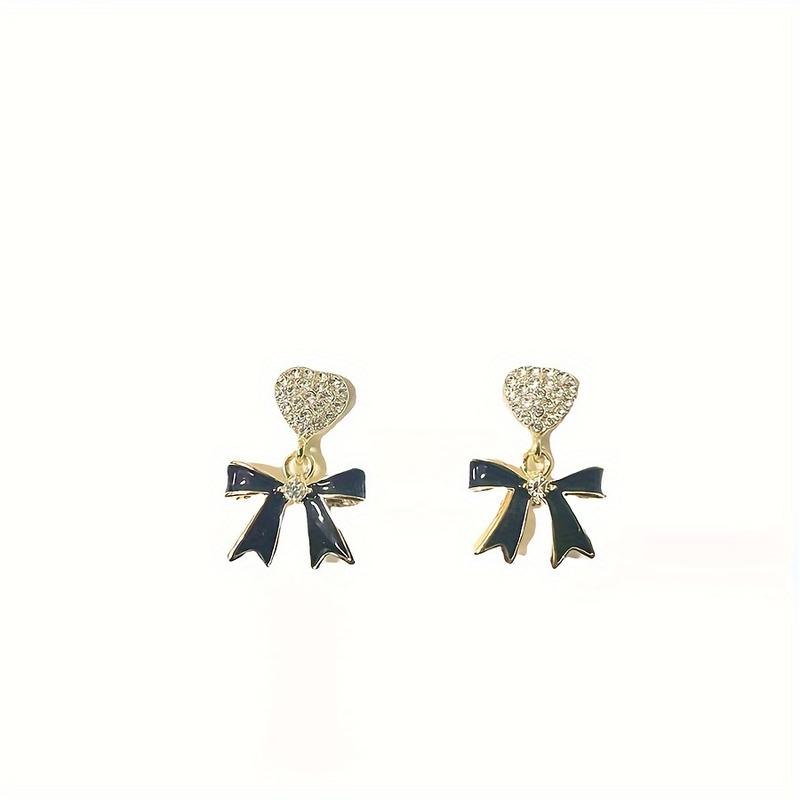 Product Introduction of Shiny Heart With Black Bow Pendant Stud Earrings Alloy Jewelry Embellished With Rhinestones Elegant Vintage Style Female Dating Earrings 4