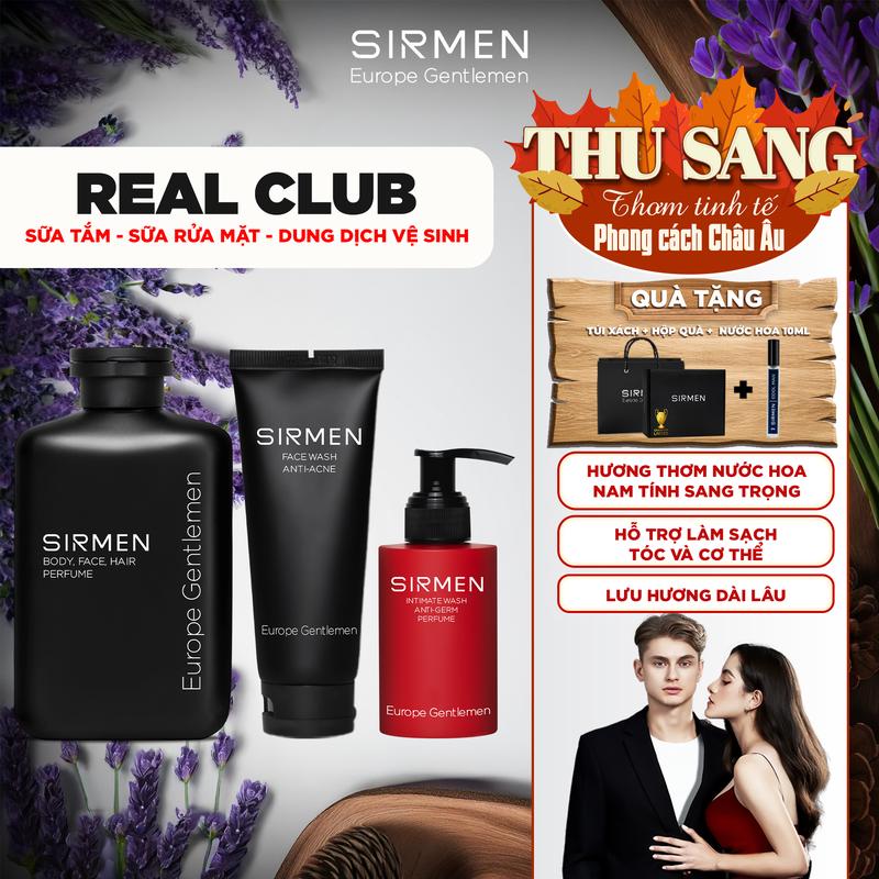 Bộ quà tặng cho nam REAL CLUB - Gồm Sữa tắm gội 4in1, Gel rửa mặt 2in1 và Dung dịch vệ sinh nam 3in1 hương nước hoa châu Âu SIRMEN | TẶNG TÚI XÁCH & NƯỚC HOA 10ML