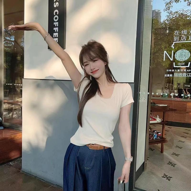 Kaka Women's Basic Department Ceiling U Neck Knit T-Shirt Slim Straight Shoulder Short Sleeve Tops for Women 8