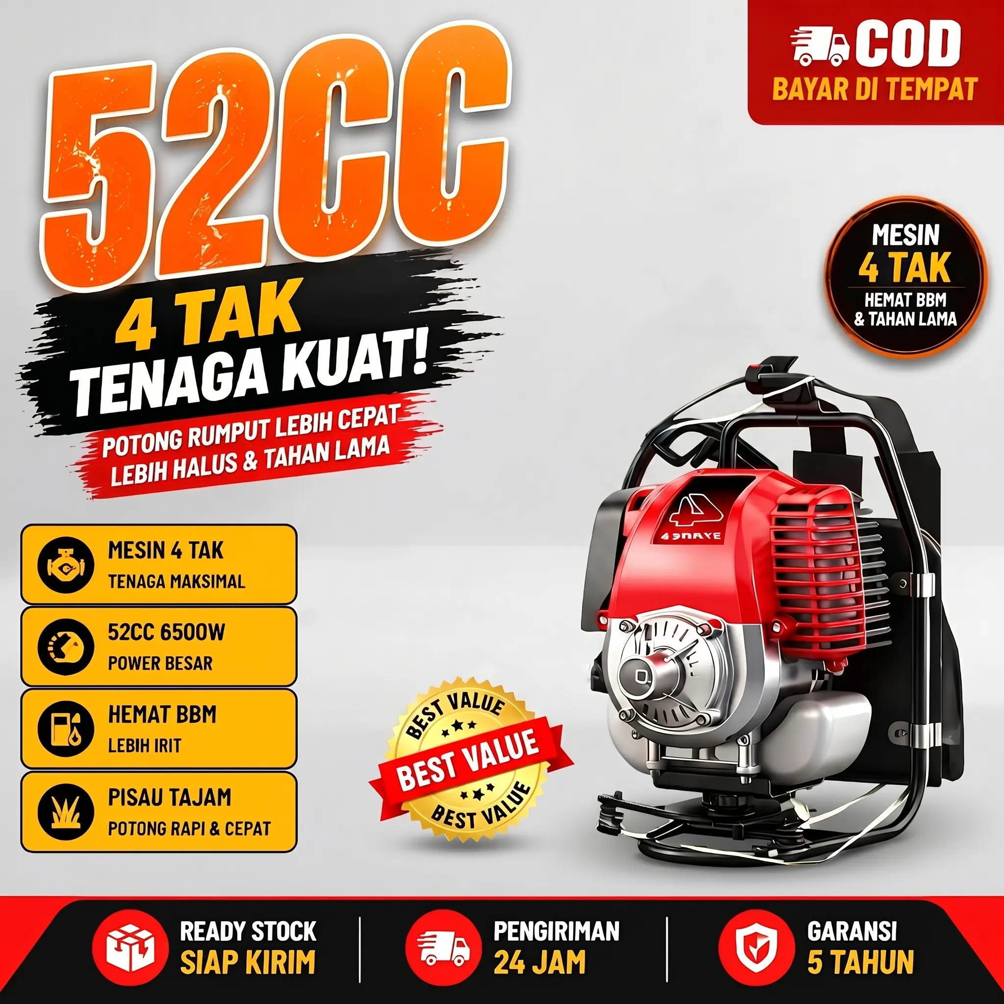 REAIM Mesin Potong Rumput 52CC 2600W 4Tak Brush Cutter Gendong Bensin Portable Daya Kuat 90 untuk Pemotongan Rumput Liar Semak Belukar di Kebun Sawah Lahan Pertanian Perkebunan