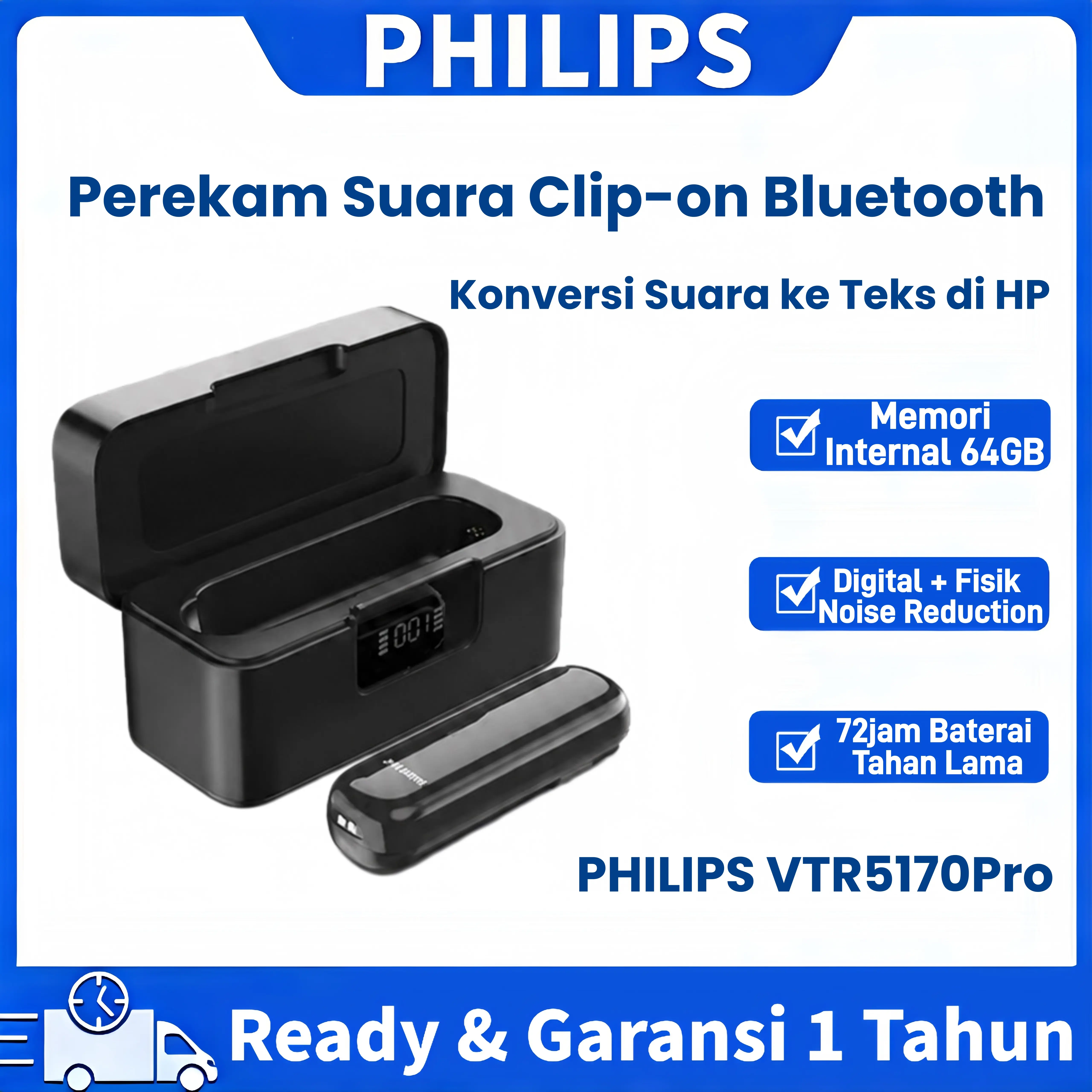 PHILIPS VTR5170Pro Perekam Suara Clip-on Bluetooth 64GB – Voice to Text, Noise Reduction Digital + Fisik, Baterai 72 Jam, Transkripsi & Ringkasan AI, Garansi 1 Tahun