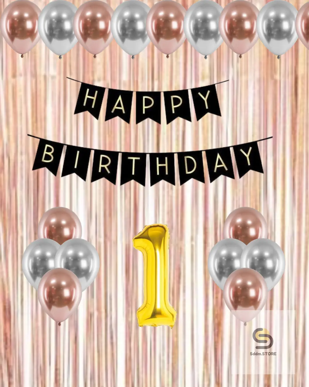 Paket Dekorasi Acara Pesta Ulang Tahun Banner Tirai Rosegold Lengkap Gratis Balon Angka Biru Latex Pink Putih